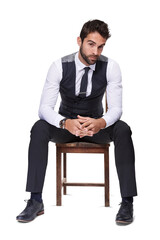 Fashion, portrait and business man on chair isolated on a transparent png background. Confidence,...