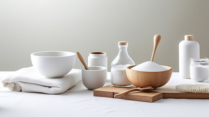 Fototapeta na wymiar Kitchen accessories in white wooden table and white background and white tableware with salt in wooden bowl. Generative Ai