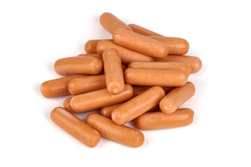 Boiled chicken sausages, isolated on white background.
