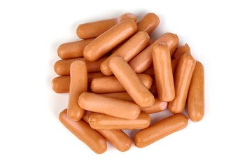 Boiled chicken sausages, isolated on white background.