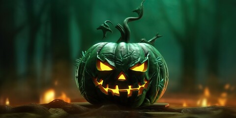 Scary jack o lantern with light on the forest made with Generative AI
