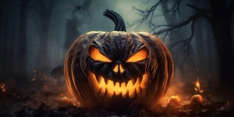 Scary jack o lantern with light on the forest made with Generative AI