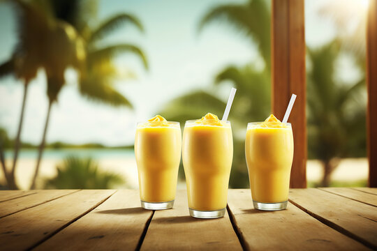Ai generated illustration Tasty fresh milk shake with orange against tropical  background