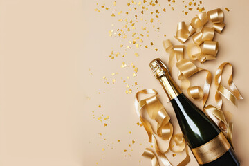 Ai generated illustration bottle champange with ribbon  on golden background