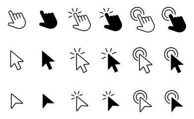 Computer mouse click cursor black arrow icons set and loading icons. Cursor icon. Vector illustration. Mouse click cursor collection. 