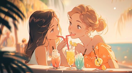 Lofi Girls drinking cocktail on a beach bar, anime illustration background design, Generative AI - obrazy, fototapety, plakaty