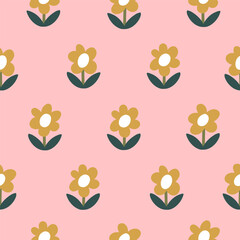 Seamless pattern with simple flowers. Retro floral naive vector design. Style of the 60s, 70s, 80s. Retro floral vector background surface design, textile, stationery, wrapping paper, covers.