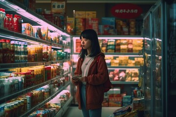 Fototapeta premium under dim light of supermarket department stores A young Asian girl stands in front of a shelf and browses the available products.;Generated with AI