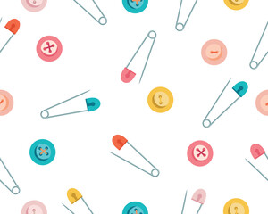 Vector seamless pattern using sewing tools. Illustration of safety pins and buttons. Vector