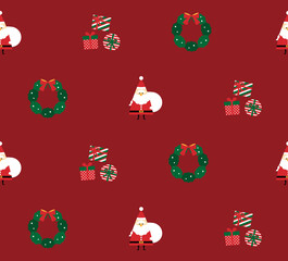 サンタクロース・プレゼント・リース柄のシームレスパターン（赤）