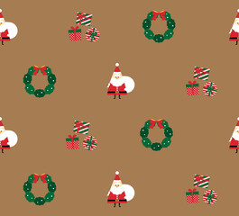 サンタクロース・プレゼント・リース柄のシームレスパターン（ベージュ）