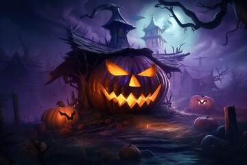 Scary jack o lantern with spooky castle made with Generative AI