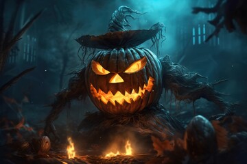 Portrait witcher with pumpkin on the forest made with Generative AI