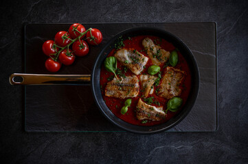Pan fried fish in a spicy tomato sauce on dark background. Low lighting