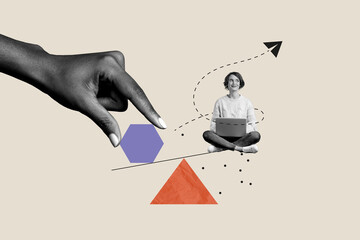 Creative composite photo collage illustration of thoughtful minded girl sit with laptop writing...