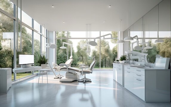 Modern dental clinic with large stations and lots of light. Ai generative.