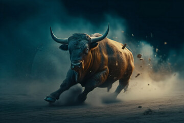 Strong black bull with big horns running. 3D illustration digital art design, generative AI