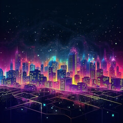 Sketch of illuminated city by night. 3D illustration digital art design, generative AI