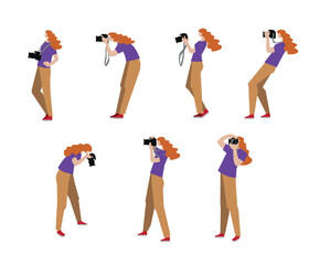 Photo shooting, Photographer woman making photo using camera. Vector Illustration, clip art, cartoon.