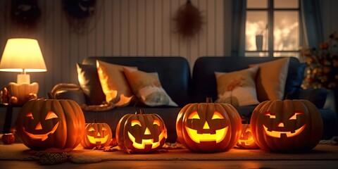 Valloween pumpkin on the sofa with jack o lantern made with Generative AI