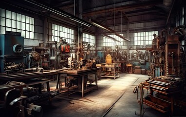 Fototapeta na wymiar The interior of the metalworking shop. The interior of the metalworking shop. Modern industrial enterprise. Ai generative.