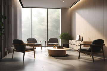 Office lounge area, with seating options, a minimalist coffee table, and natural light streaming in. Generated AI