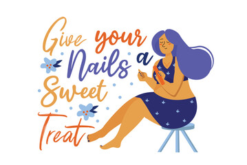 Concept manicure with woman scene in the flat cartoon style. The girl is doing a manicure. Vector illustration.