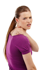 Neck pain, portrait and sad woman or student isolated on transparent, png background for college fail, mistake or crisis. Stress, injury or spine problem of young person in for university deadline