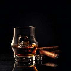 Closed up view of glass of whiskey with cigar. 3D illustration digital art design, generative AI