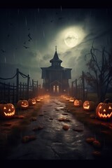 Fototapeta na wymiar Jack o lanterns around the path to the spooky abandon made with Generative AI