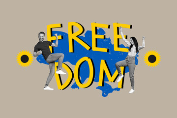 Billboard template collage of happy ukrainian people dance have party celebrate ukraine freedom...