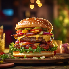 Double meat burger with melting cheddar cheese. 3D illustration digital art design, generative AI