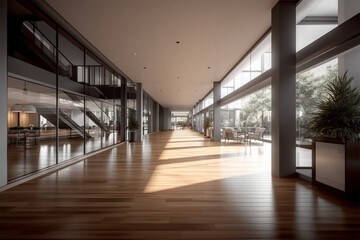 Fototapeta premium an office with wood desks and glass walls, in the style of high detailed, grey academia, wood, photo-realistic landscapes, vintage minimalism, light silver and light brown