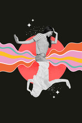 Pinup poster banner collage of excited weird crazy lady with flowing out ray colors making white effect body