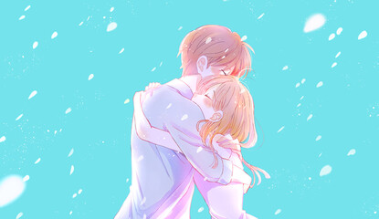 幸せそうに抱き合う男女　逆光　花吹雪