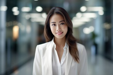 Obraz premium A professional Asian woman shows confidence in her stylish white formal dress as she smiles with confidence. ;Generated with AI