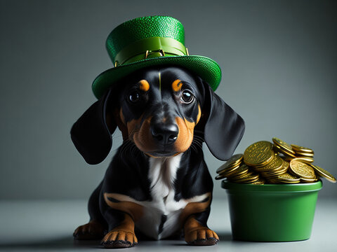 Image of dachshund dog with leprechaun hat and coins.