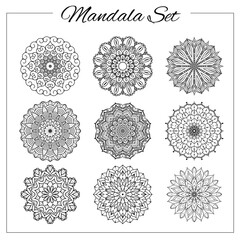 Geometric circular ornament set. Isolated vector mandalas for coloring book printing, design, logo, yoga, indian and arabic prints.