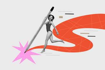 Poster banner collage of lady in swimsuit hold pencil drawing lines on summertime season beach pool...