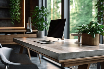 
an office with wood desks and glass walls, in the style of high detailed, grey academia, wood, photo-realistic landscapes, vintage minimalism, light silver and light brown