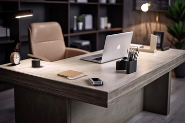 
an office with wood desks and glass walls, in the style of high detailed, grey academia, wood, photo-realistic landscapes, vintage minimalism, light silver and light brown