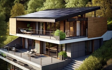 Fototapeta premium solar panels placed on balcony of modern residential house. Ai generative