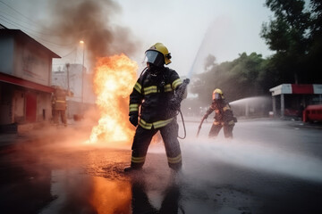 firefighter training., fireman using water and extinguisher to fighting with fire flame in an emergency situation., under danger situation all firemen wearing fire fighter suit for safety, generative 