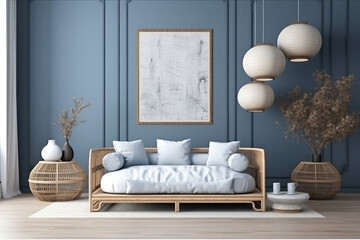 Fototapeta na wymiar Japandi minimalist living room with frame mockup in white and blue tones. sofa, rattan furniture, and wallpaper. design of a farmhouse interior, generative AI
