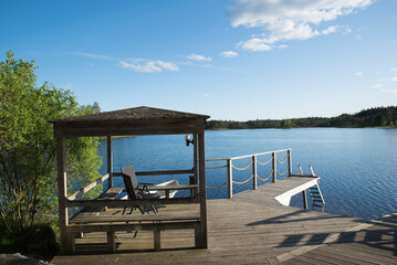 Beautiful wooden balcony on a lake in Sweden. Peace and relax in a natural park. Holiday destination