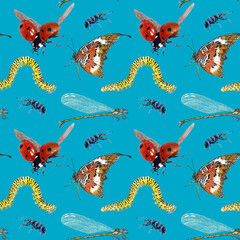 Seamless pattern of butterfly, caterpillar, ladybug and dragonfly. Hand drawn Watercolor illustration. Hand painted insects on blue background.