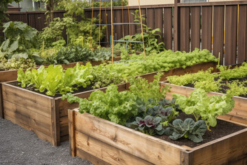 Fototapeta na wymiar Wooden raised bed vegetable garden that is organic. for vertical planting, including beans. locally grown veggies in a big metropolis, generative AI