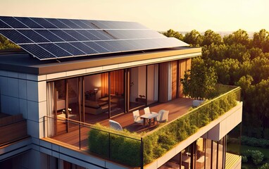 solar panels placed on balcony of modern residential house. Ai generative