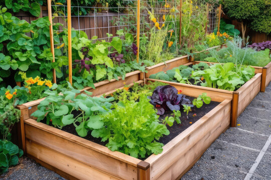 Wooden Raised Bed Vegetable Garden That Is Organic. For Vertical Planting, Including Beans. Locally Grown Veggies In A Big Metropolis, Generative AI