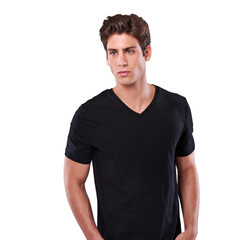 Fashion, serious and young man isolated on a transparent, png background for plain black tshirt promotion. Handsome person or male in youth clothes for retail sale, discount and cool minimal style